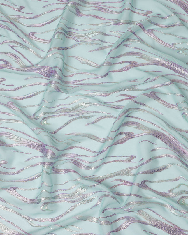 Aqua Blue Premium Pure Silk Chiffon Fabric with Metallic Lurex Design 110 Cms Width, Made in South Korea-D25862