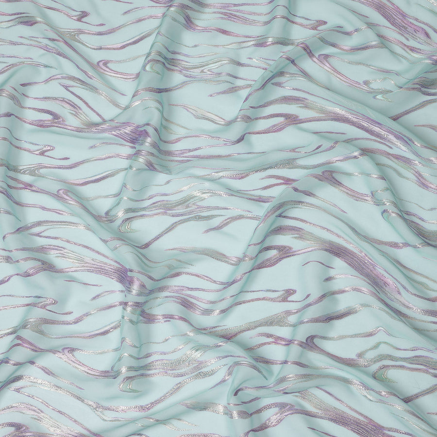 Aqua Blue Premium Pure Silk Chiffon Fabric with Metallic Lurex Design 110 Cms Width, Made in South Korea-D25862