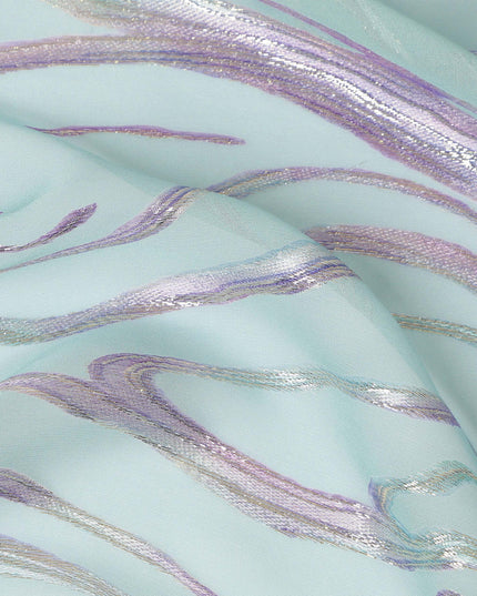 Aqua Blue Premium Pure Silk Chiffon Fabric with Metallic Lurex Design 110 Cms Width, Made in South Korea-D25862