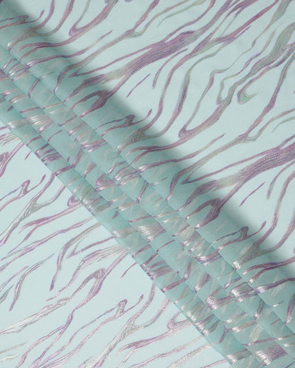 Aqua Blue Premium Pure Silk Chiffon Fabric with Metallic Lurex Design 110 Cms Width, Made in South Korea-D25862