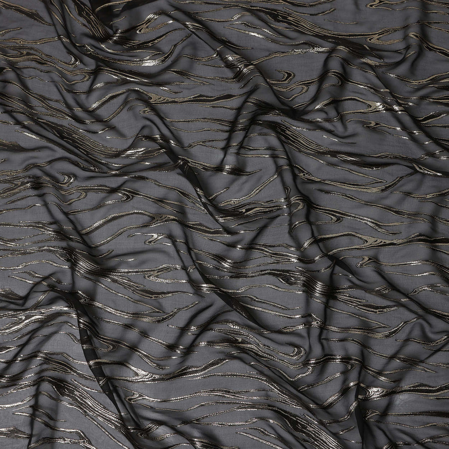 Black Premium Pure Silk Chiffon Fabric with Metallic Lurex Design 110 Cms Width, Made in South Korea-D25857