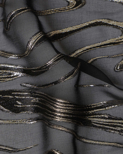 Black Premium Pure Silk Chiffon Fabric with Metallic Lurex Design 110 Cms Width, Made in South Korea-D25857