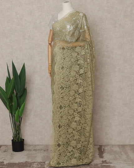 Olive Brass Premium French Metallic Chantilly Lace Saree – 5.5 Meters Fabric Length, Width 110 cm, Imported from France  & Blouse Not Included-D26580
