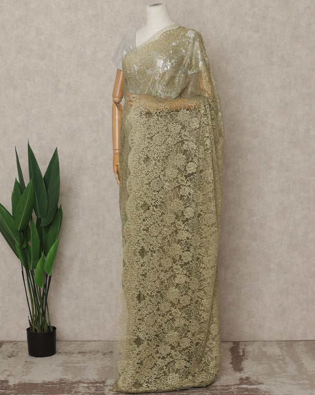Olive Brass Premium French Metallic Chantilly Lace Saree – 5.5 Meters Fabric Length, Width 110 cm, Imported from France  & Blouse Not Included-D26580