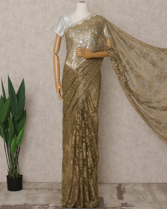 Olive Premium French Metallic Chantilly Lace Saree – 5.5 Meters Fabric Length, Width 110 cm, Imported from France  & Blouse Not Included-D26574