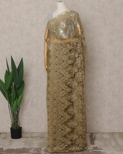 Olive Premium French Metallic Chantilly Lace Saree – 5.5 Meters Fabric Length, Width 110 cm, Imported from France  & Blouse Not Included-D26574 Regal Fabrics