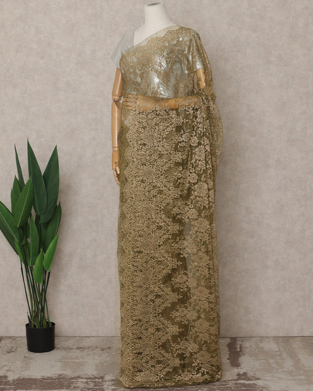 Olive Premium French Metallic Chantilly Lace Saree – 5.5 Meters Fabric Length, Width 110 cm, Imported from France  & Blouse Not Included-D26574