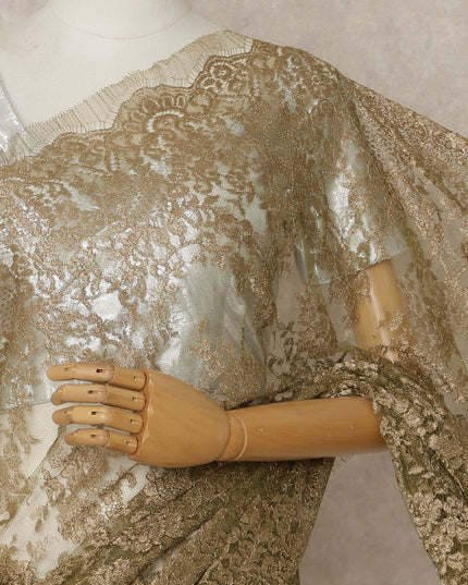 Olive Premium French Metallic Chantilly Lace Saree – 5.5 Meters Fabric Length, Width 110 cm, Imported from France  & Blouse Not Included-D26574 Regal Fabrics