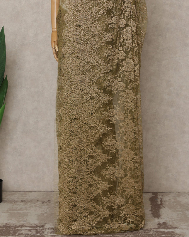 Olive Premium French Metallic Chantilly Lace Saree – 5.5 Meters Fabric Length, Width 110 cm, Imported from France  & Blouse Not Included-D26574