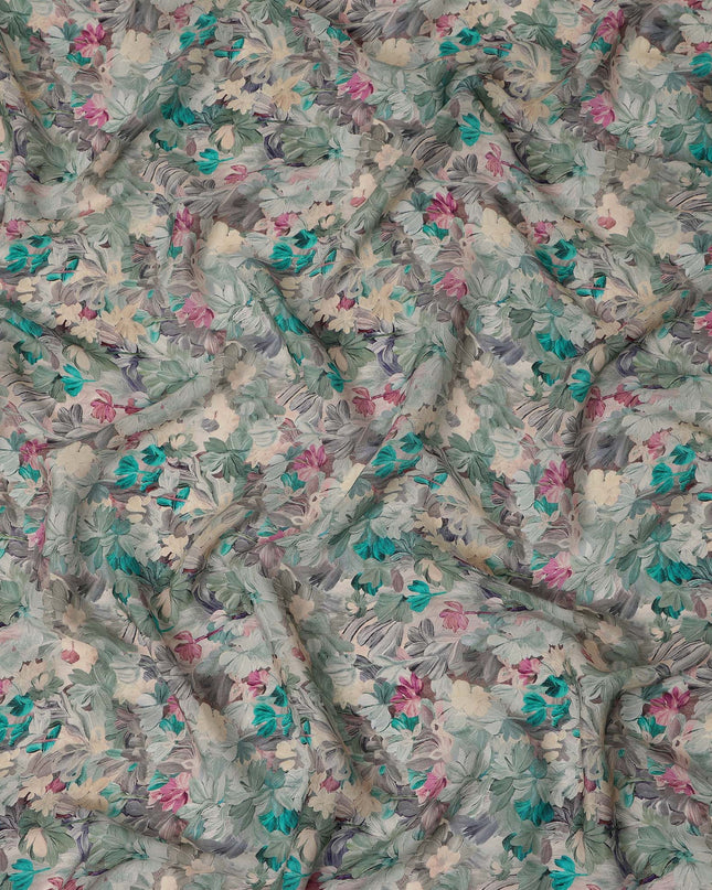 Sage Green Teal Floral Printed Viscose Crepe Fabric 110 Cms Width India-D27733