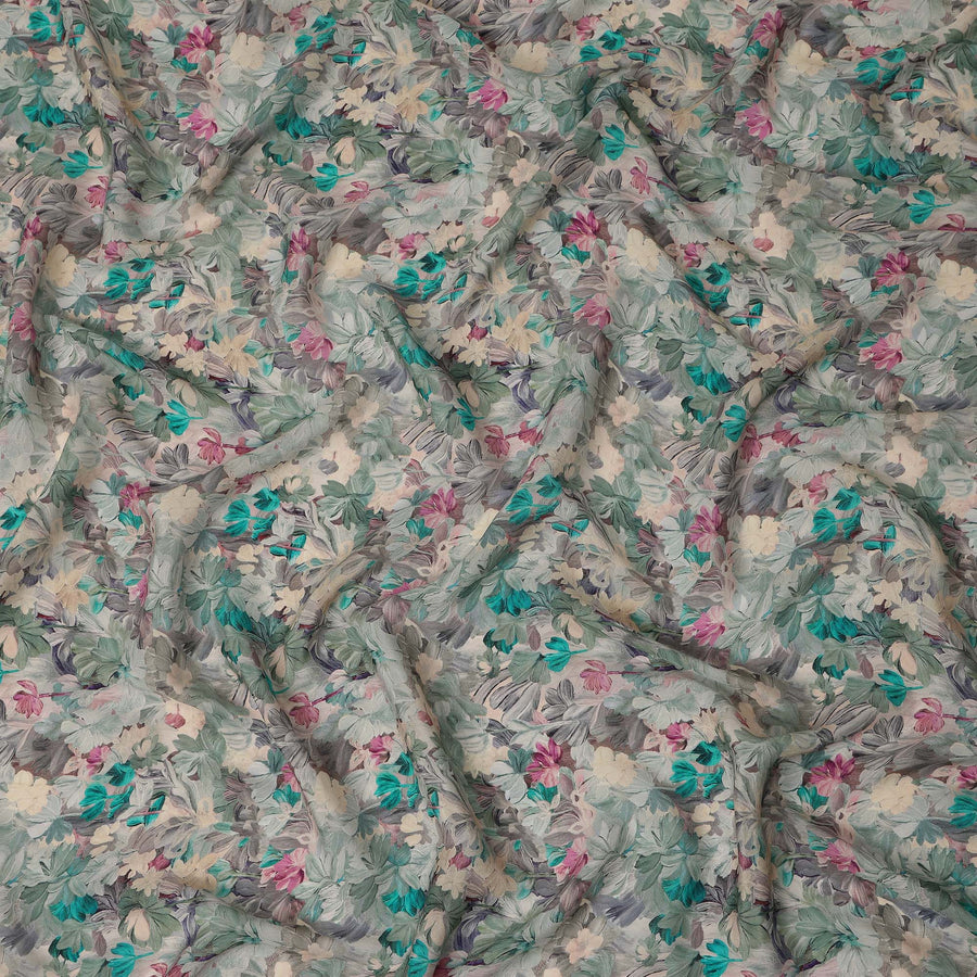Sage Green Teal Floral Printed Viscose Crepe Fabric 110 Cms Width India-D27733