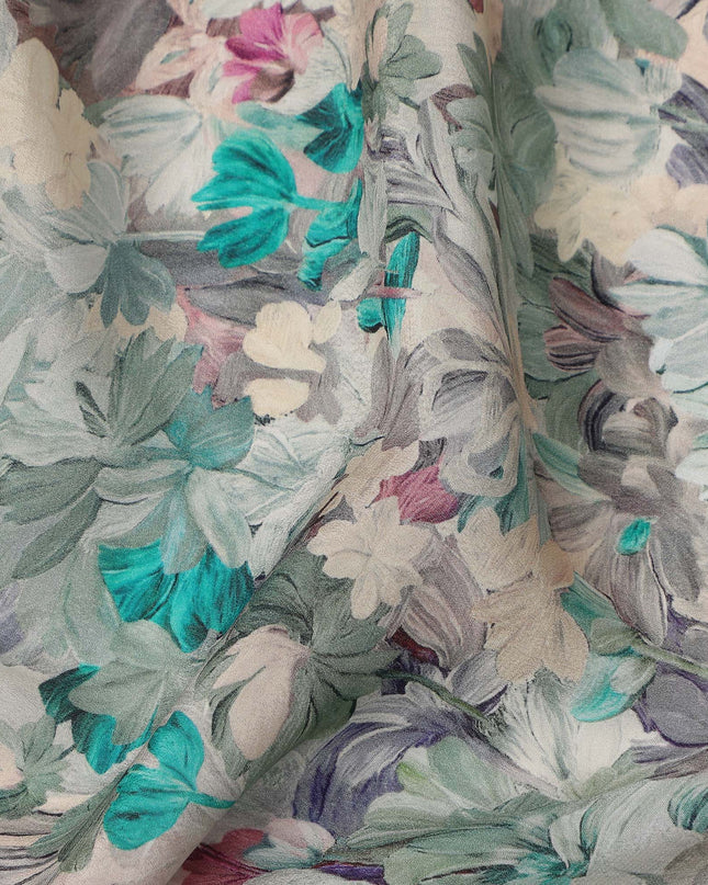 Sage Green Teal Floral Printed Viscose Crepe Fabric 110 Cms Width India-D27733
