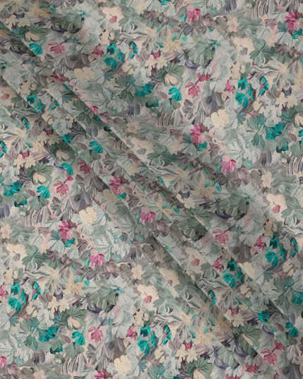 Sage Green Teal Floral Printed Viscose Crepe Fabric 110 Cms Width India-D27733
