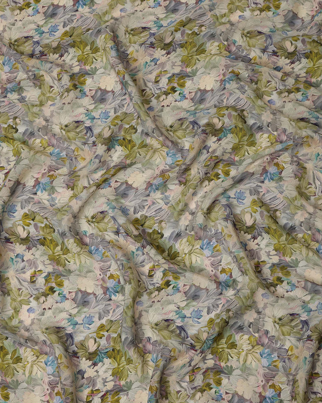 Olive Green Blue Floral Printed Viscose Crepe Fabric 110 Cms Width India-D27735