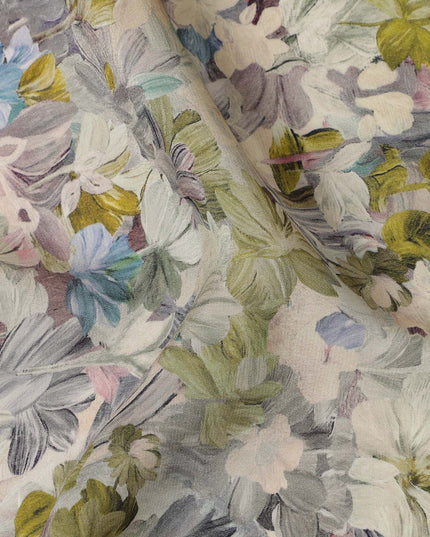 Olive Green Blue Floral Printed Viscose Crepe Fabric 110 Cms Width India-D27735
