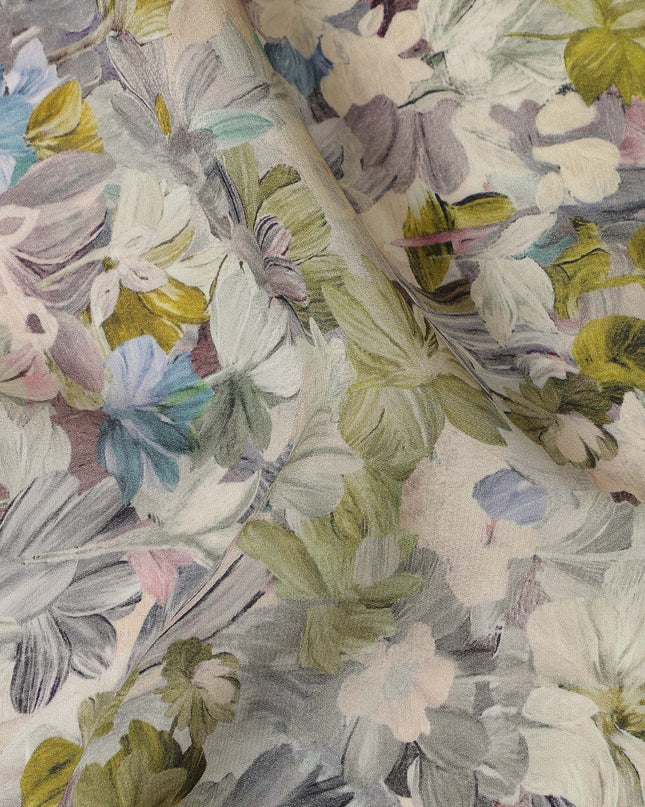 Olive Green Blue Floral Printed Viscose Crepe Fabric 110 Cms Width India-D27735