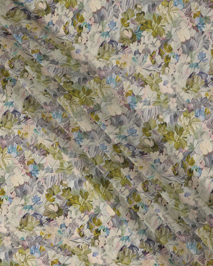 Olive Green Blue Floral Printed Viscose Crepe Fabric 110 Cms Width India-D27735