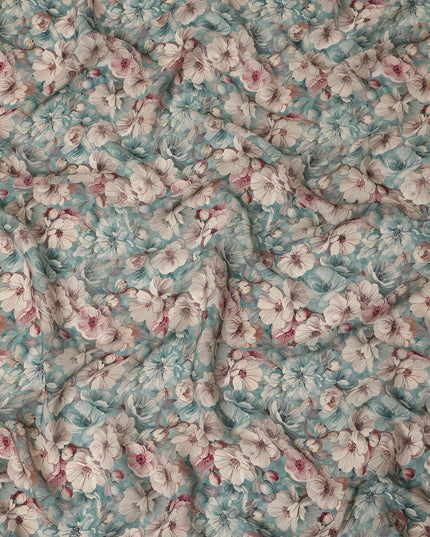 Aqua Blue Ivory Floral Printed Viscose Crepe Fabric 110 Cms Width India-D27736