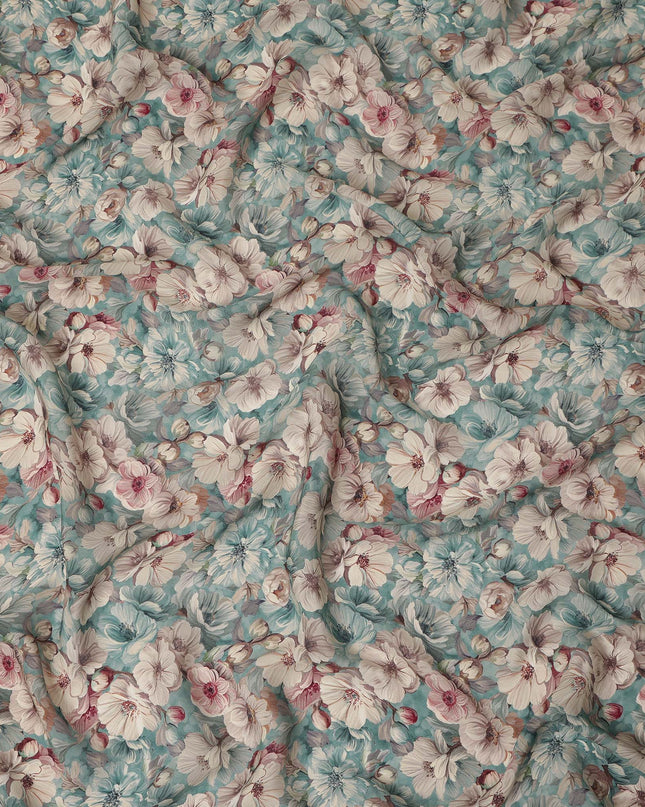 Aqua Blue Ivory Floral Printed Viscose Crepe Fabric 110 Cms Width India-D27736