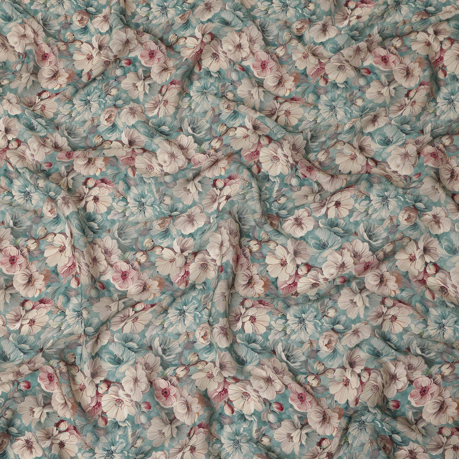 Aqua Blue Ivory Floral Printed Viscose Crepe Fabric 110 Cms Width India-D27736