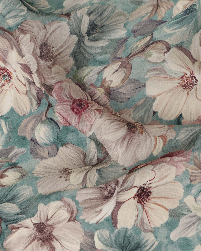 Aqua Blue Ivory Floral Printed Viscose Crepe Fabric 110 Cms Width India-D27736