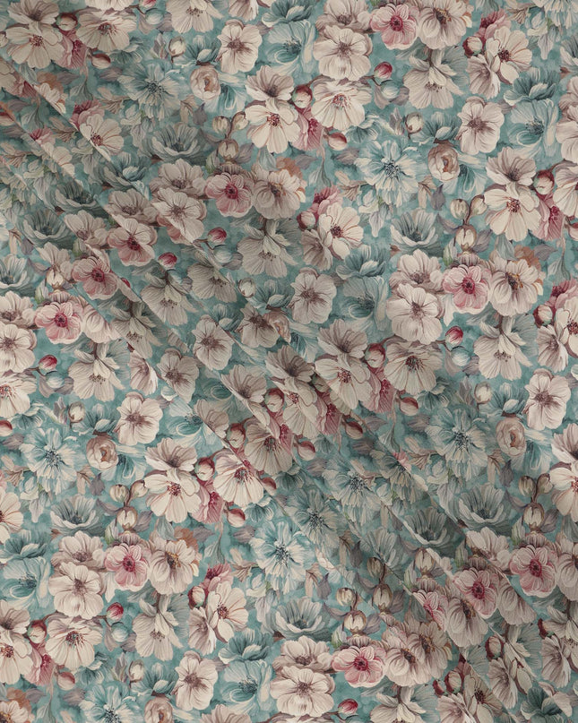 Aqua Blue Ivory Floral Printed Viscose Crepe Fabric 110 Cms Width India-D27736