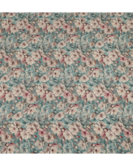 Aqua Blue Ivory Floral Printed Viscose Crepe Fabric 110 Cms Width India-D27736