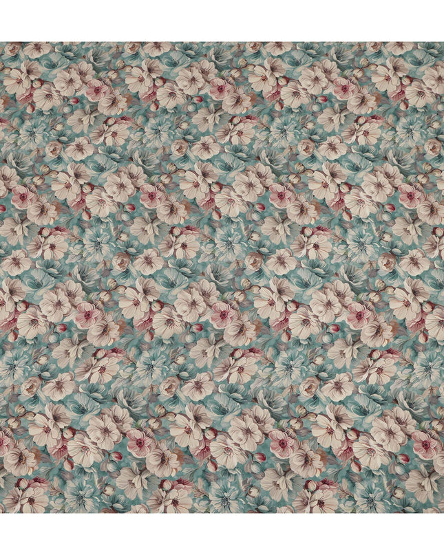 Aqua Blue Ivory Floral Printed Viscose Crepe Fabric 110 Cms Width India-D27736