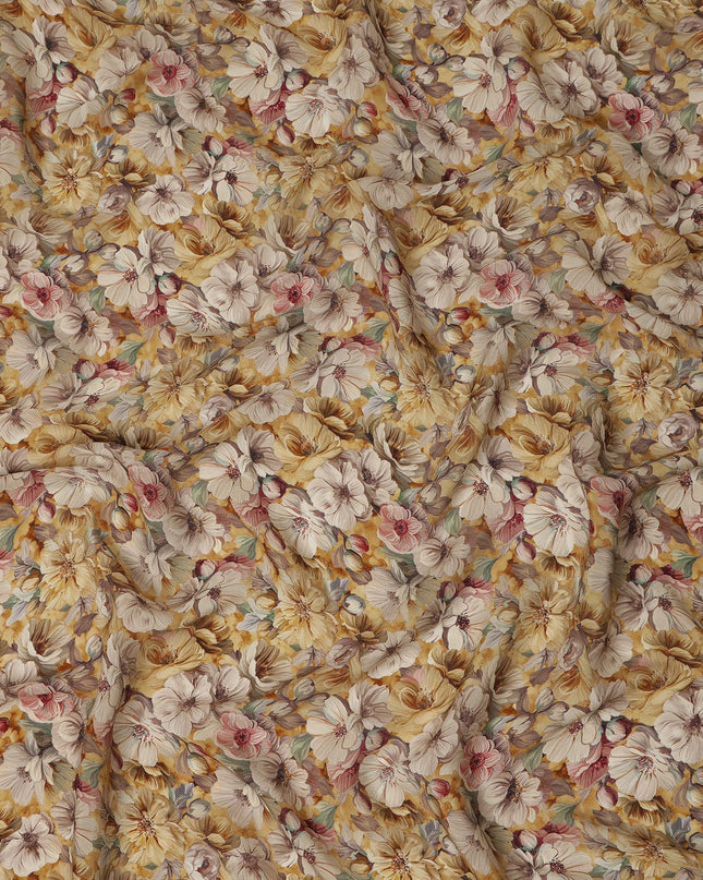 Mustard Yellow Beige Floral Printed Viscose Crepe Fabric 110 Cms Width India-D27737