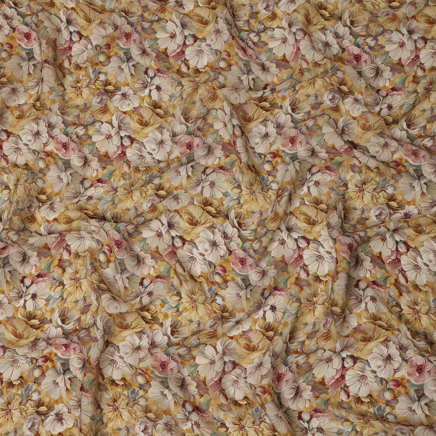 Mustard Yellow Beige Floral Printed Viscose Crepe Fabric 110 Cms Width India-D27737