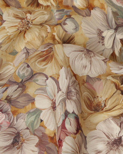 Mustard Yellow Beige Floral Printed Viscose Crepe Fabric 110 Cms Width India-D27737