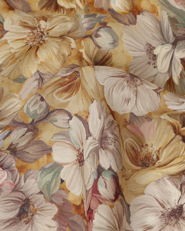 Mustard Yellow Beige Floral Printed Viscose Crepe Fabric 110 Cms Width India-D27737