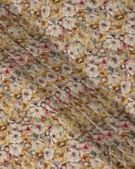 Mustard Yellow Beige Floral Printed Viscose Crepe Fabric 110 Cms Width India-D27737