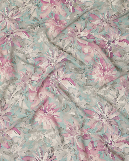 Aqua Pink Floral Abstract Print Viscose Crepe Fabric 110 Cms Width India-D27730