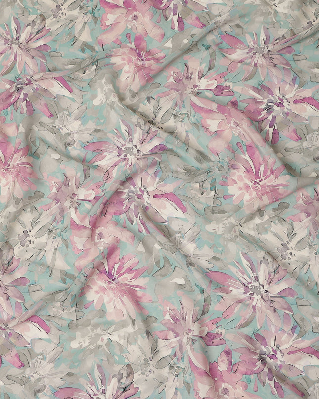 Aqua Pink Floral Abstract Print Viscose Crepe Fabric 110 Cms Width India-D27730