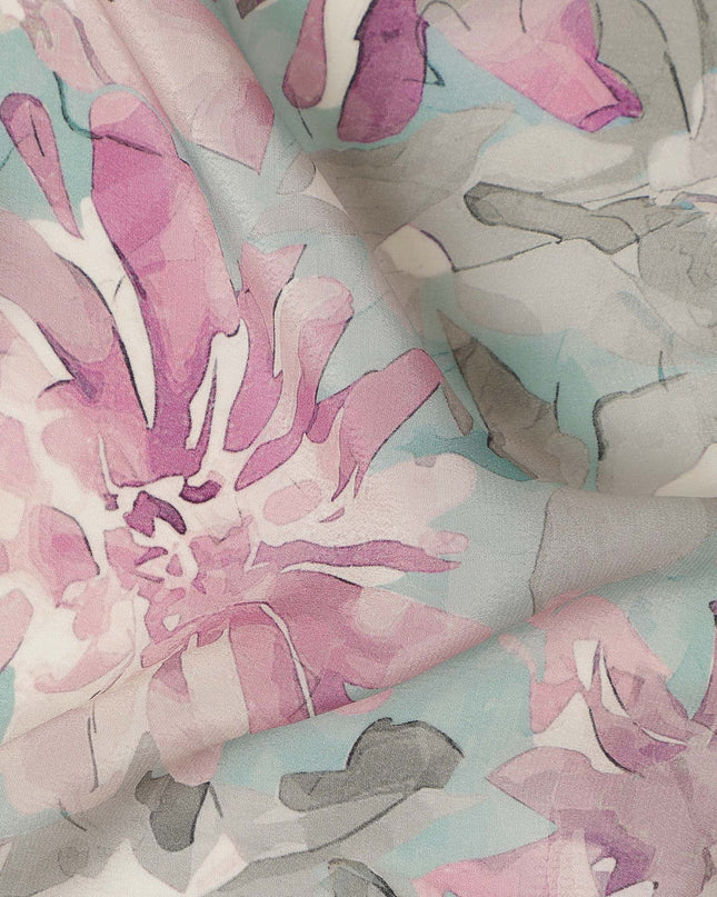 Aqua Pink Floral Abstract Print Viscose Crepe Fabric 110 Cms Width India-D27730