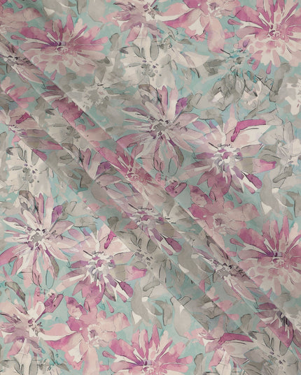 Aqua Pink Floral Abstract Print Viscose Crepe Fabric 110 Cms Width India-D27730