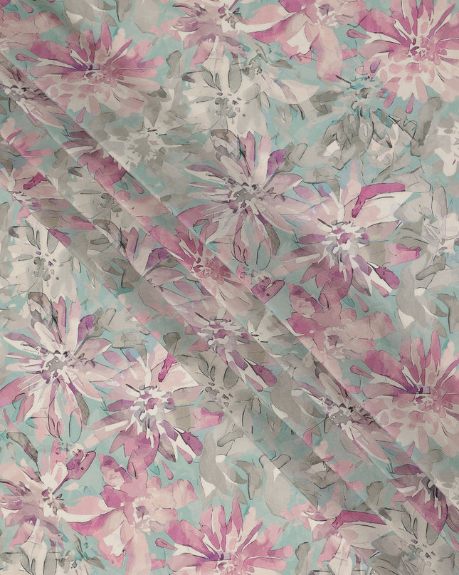 Aqua Pink Floral Abstract Print Viscose Crepe Fabric 110 Cms Width India-D27730