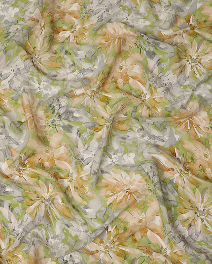 Lime Green Yellow Floral Abstract Print Viscose Crepe Fabric 110 Cms Width India-D27731