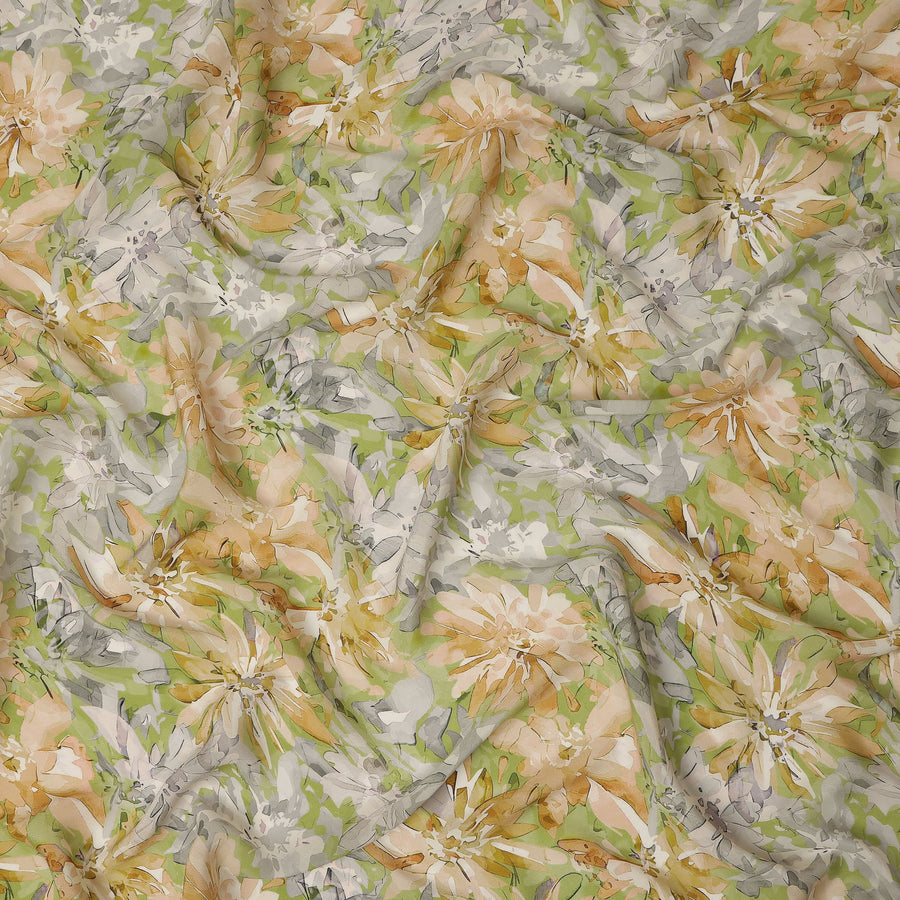 Lime Green Yellow Floral Abstract Print Viscose Crepe Fabric 110 Cms Width India-D27731