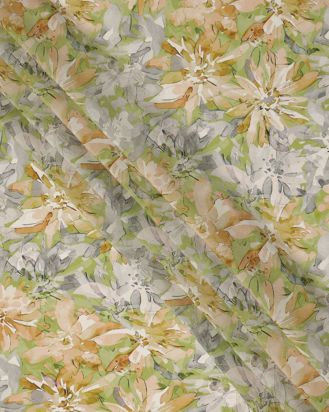 Lime Green Yellow Floral Abstract Print Viscose Crepe Fabric 110 Cms Width India-D27731