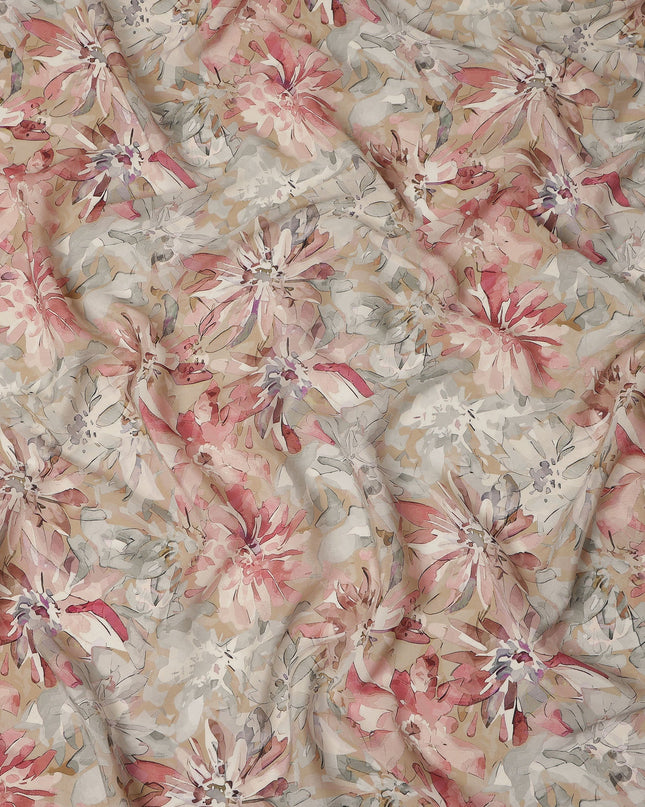 Beige Pink Floral Abstract Print Viscose Crepe Fabric 110 Cms Width India-D27729