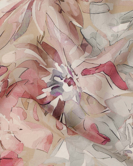 Beige Pink Floral Abstract Print Viscose Crepe Fabric 110 Cms Width India-D27729