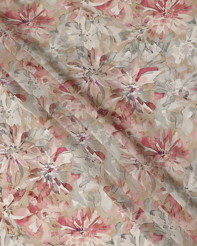 Beige Pink Floral Abstract Print Viscose Crepe Fabric 110 Cms Width India-D27729