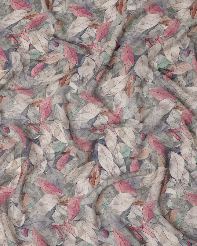 Grey Pink Leaf Printed Viscose Crepe Fabric 110 Cms Width India-D27739