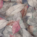Grey Pink Leaf Printed Viscose Crepe Fabric 110 Cms Width India-D27739