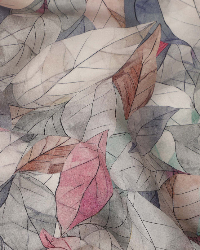 Grey Pink Leaf Printed Viscose Crepe Fabric 110 Cms Width India-D27739