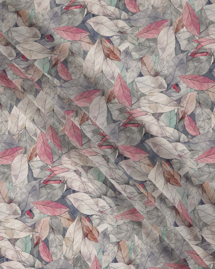 Grey Pink Leaf Printed Viscose Crepe Fabric 110 Cms Width India-D27739