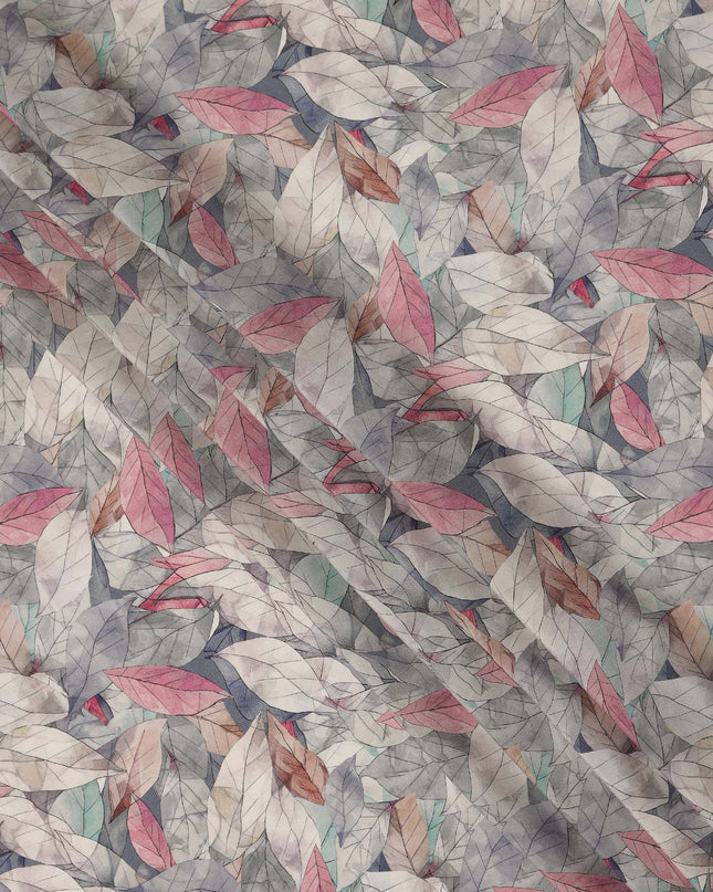 Grey Pink Leaf Printed Viscose Crepe Fabric 110 Cms Width India-D27739