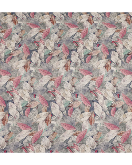 Grey Pink Leaf Printed Viscose Crepe Fabric 110 Cms Width India-D27739